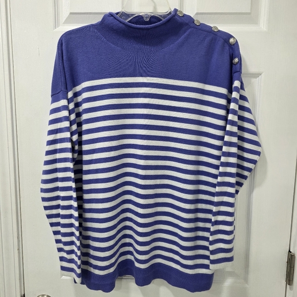 Lauren Ralph Lauren Striped Button Shoulder Sweater Mock Neck Large Blue White - Picture 3 of 10